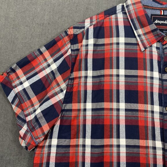 Aeropostale Mens Red & Navy Plaid Button-Up Short Sleeve Shirt XXL Cotton/Poly - Picture 7 of 11